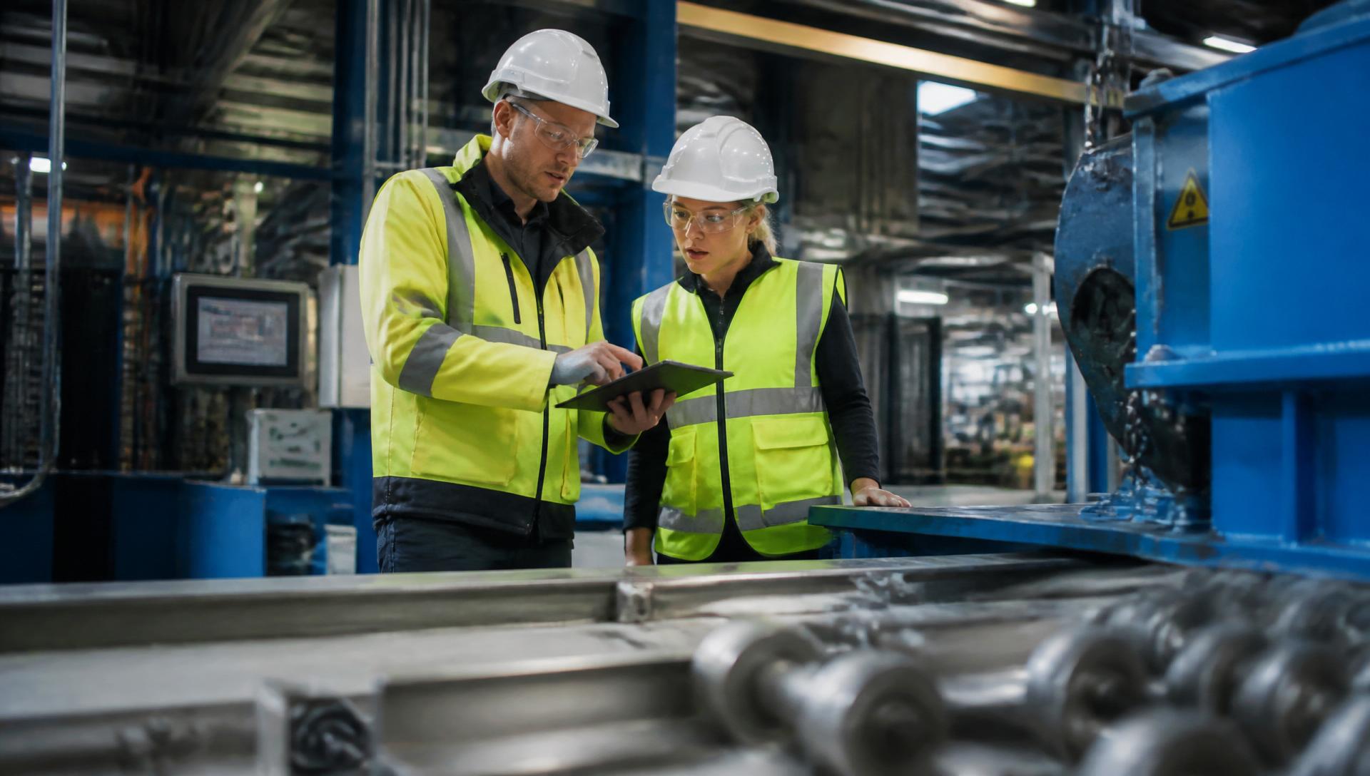 An engineer and production leader in safety gear reviewing equipment on a factory floor