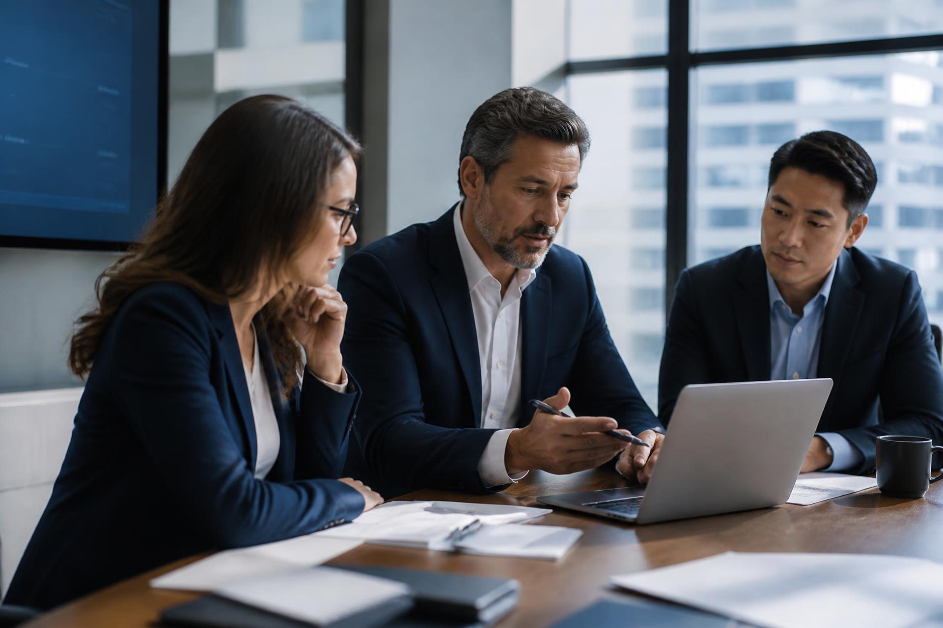 A finance leader and two colleagues reviewing information in a modern conference room
