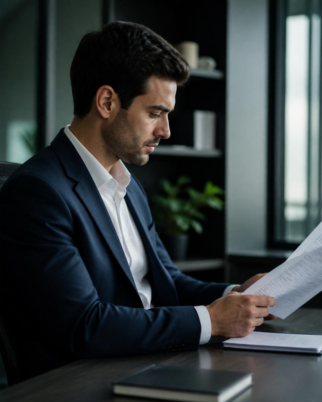 A finance or operations professional reviewing documents in a modern professional environment