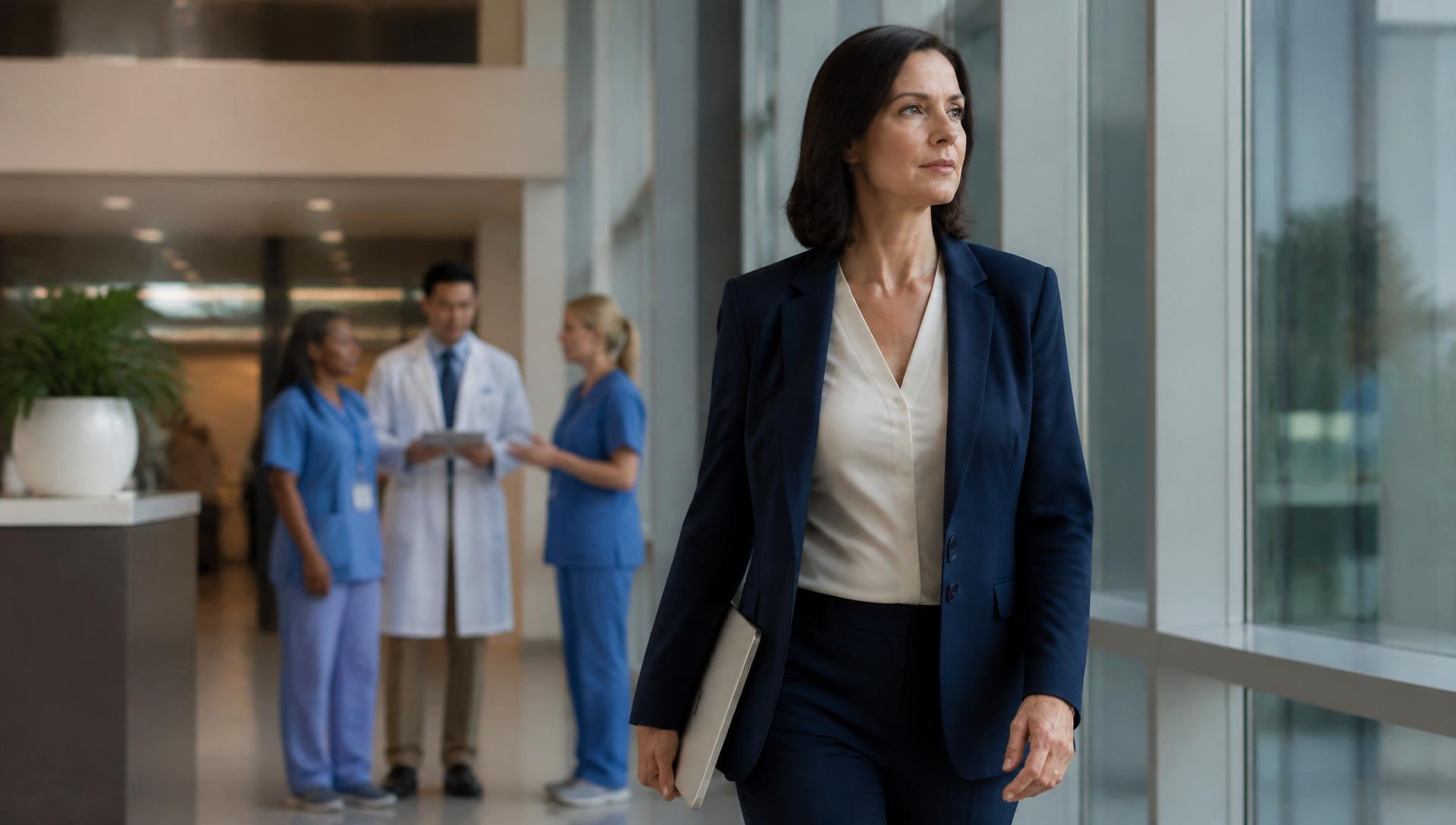 A confident healthcare administrator walking through a bright modern healthcare facility