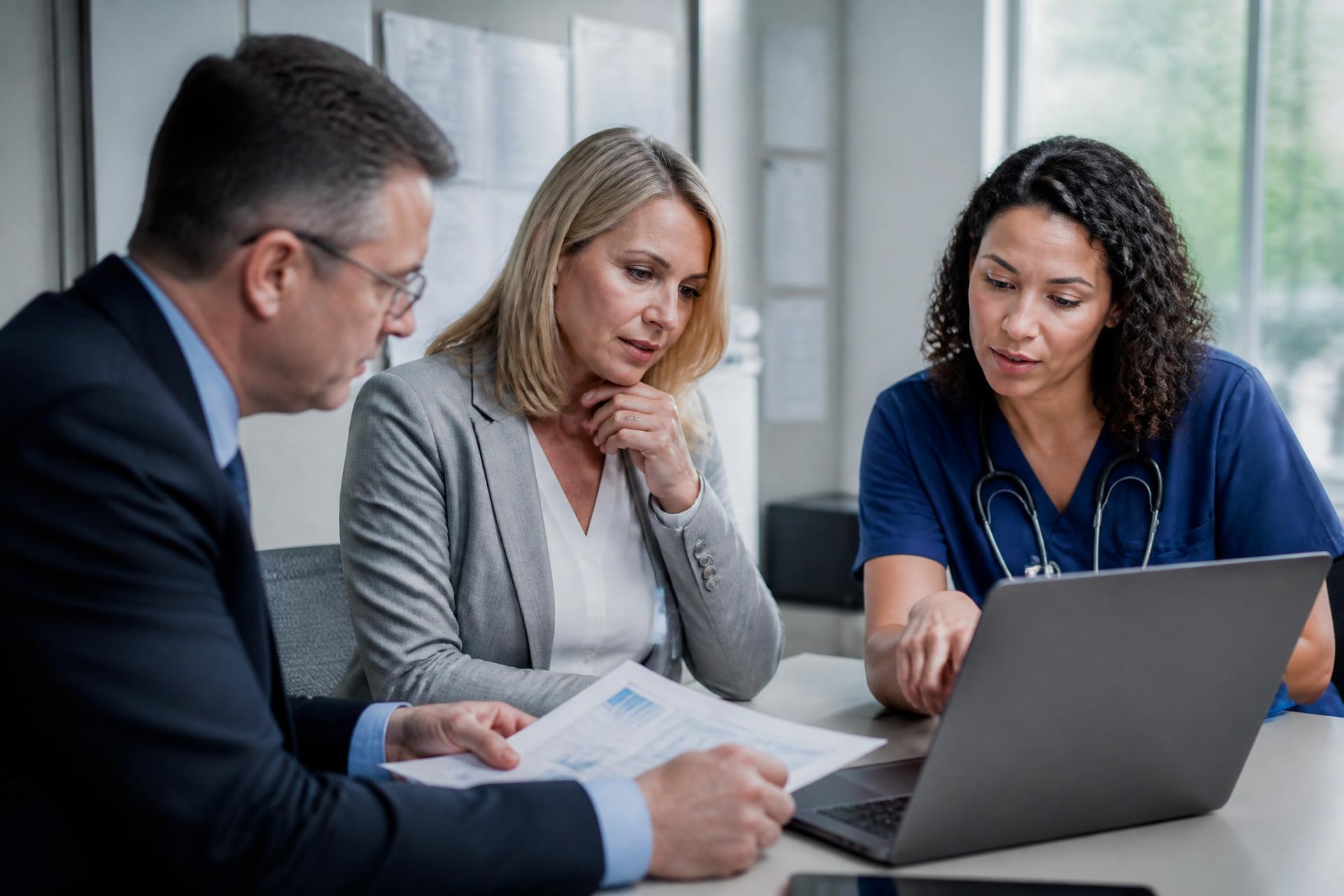 A practice manager, healthcare administrator and clinician reviewing operational information together