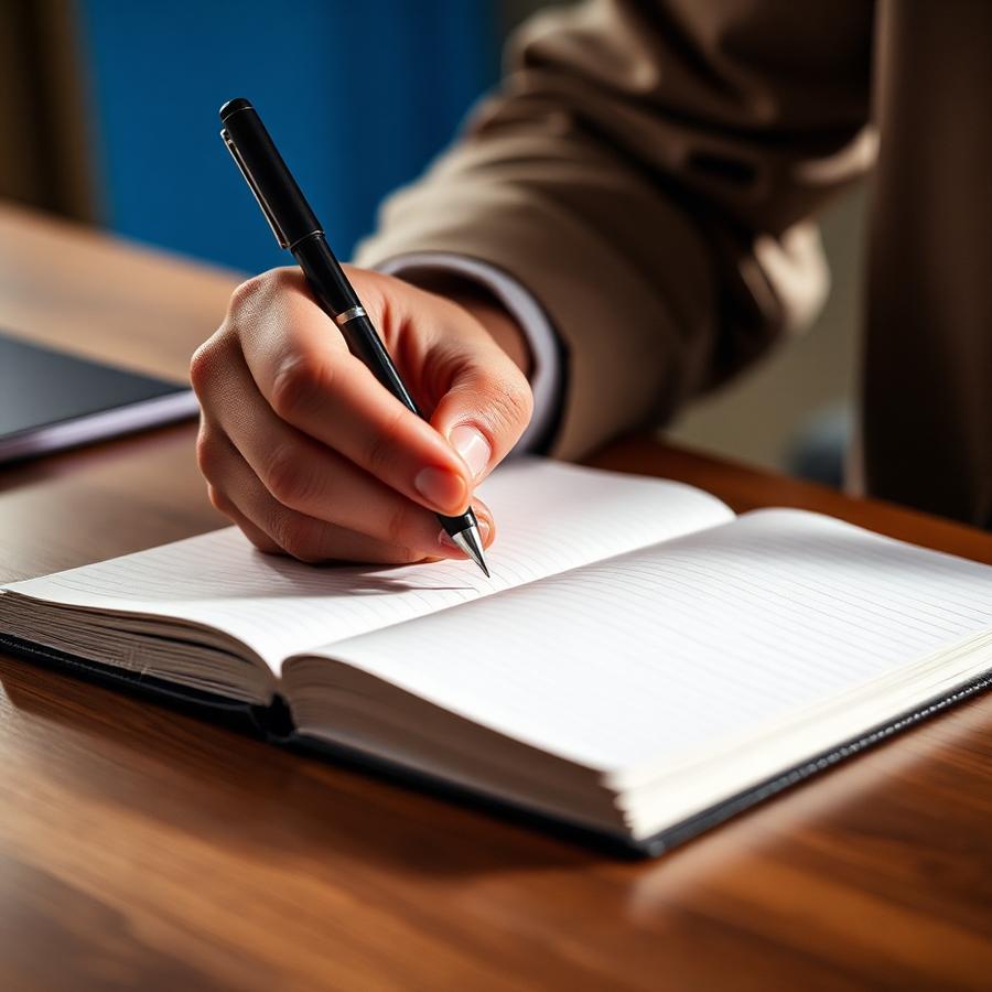 A hand writing notes with a pen in an open notebook on a wooden desk