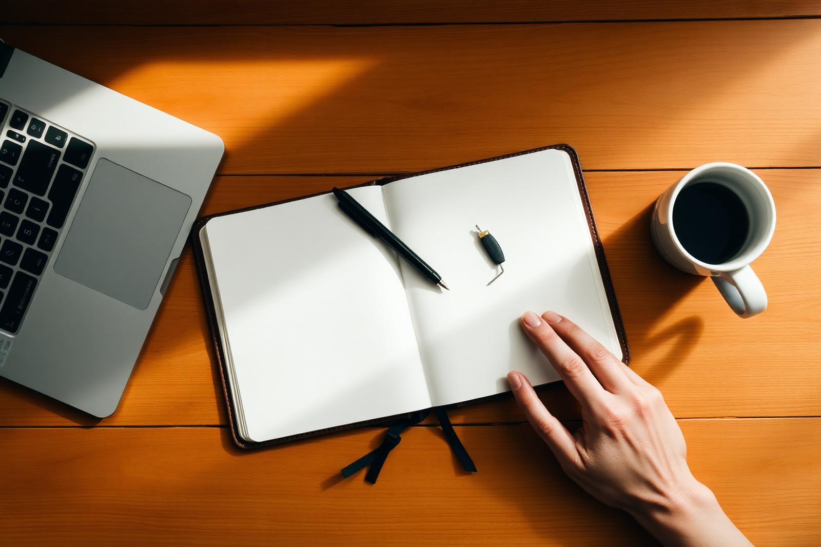 Overhead view of an open notebook, a pen and a laptop on a warm wooden desk