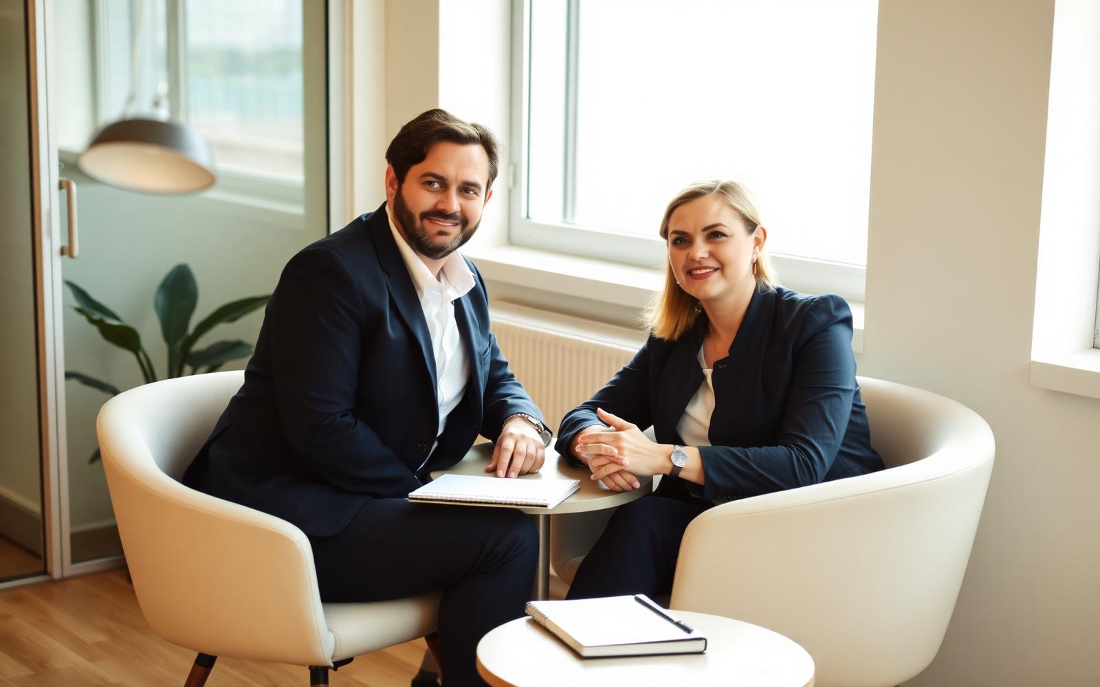A hiring manager and a recruiter having a focused conversation about a role at a small table by a window
