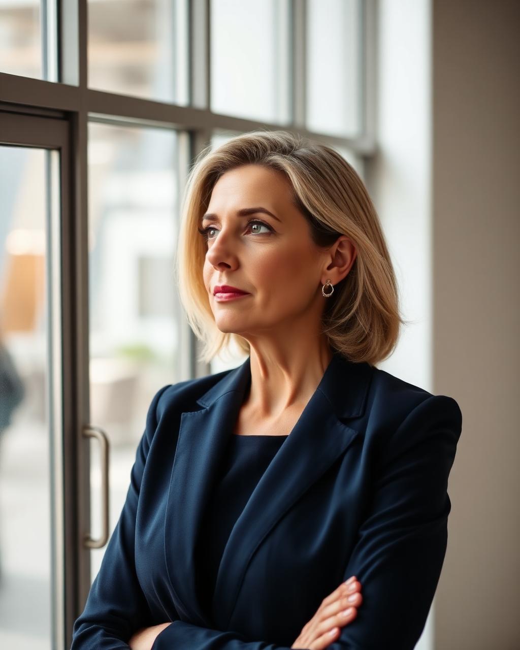 A focused business leader looking thoughtfully out of a large office window in soft daylight
