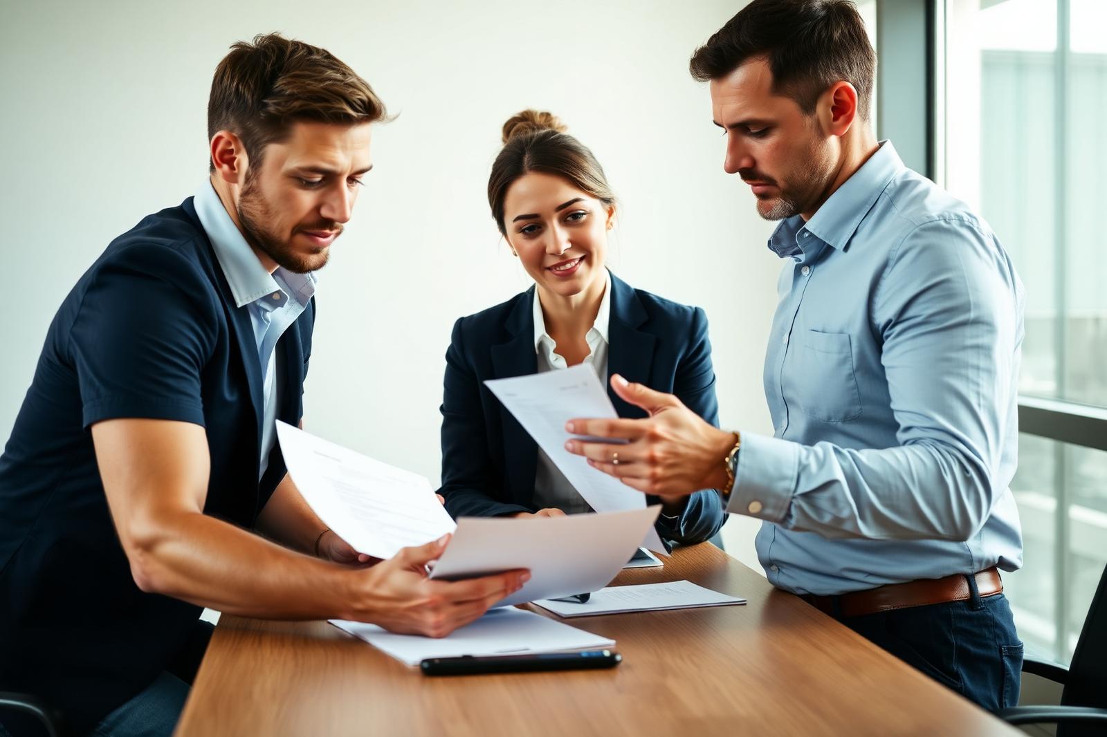 A recruiter and hiring manager reviewing a short list of candidates together at a modern office table