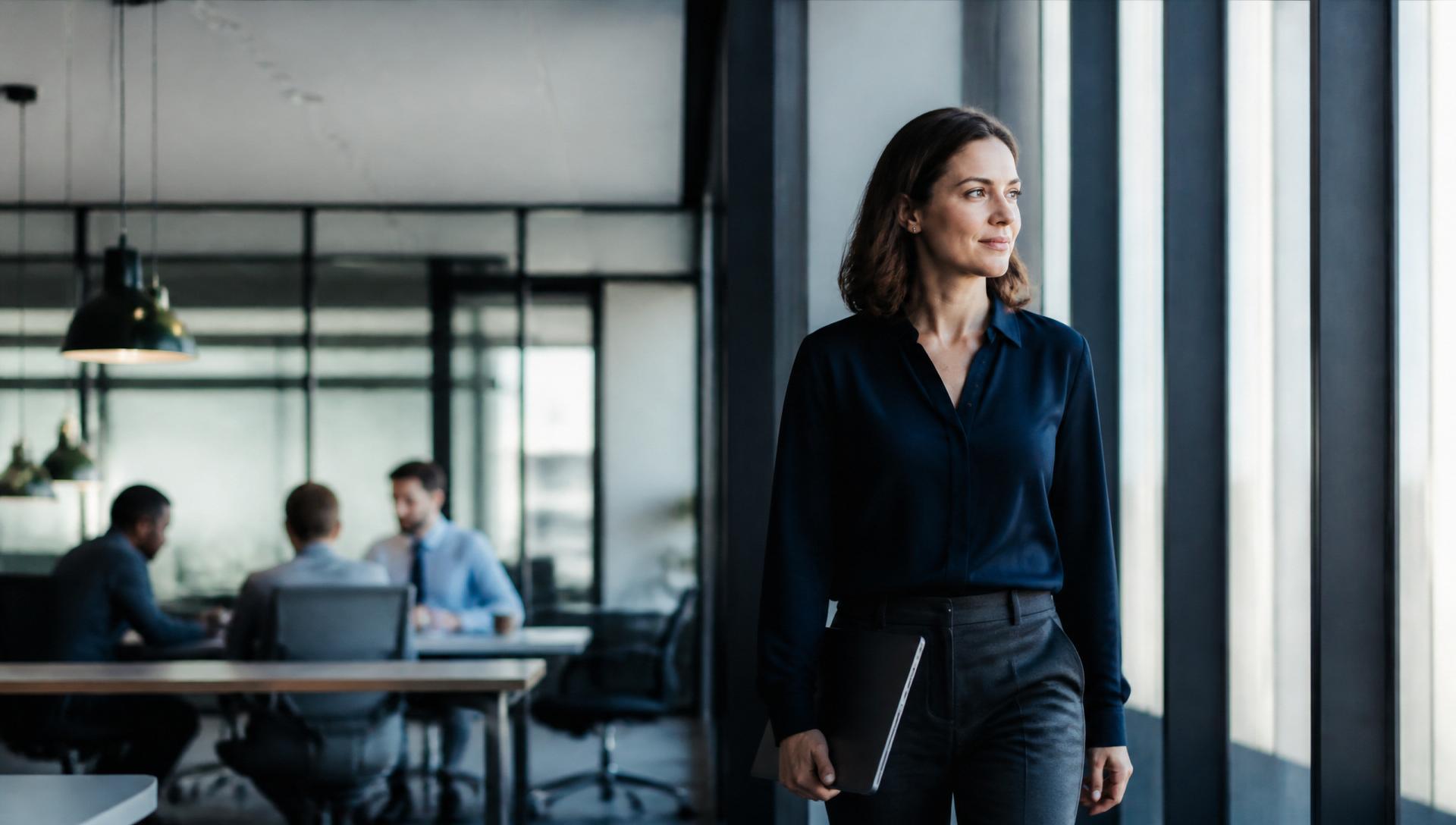 A confident professional walking through a bright modern workplace with colleagues softly visible in the background