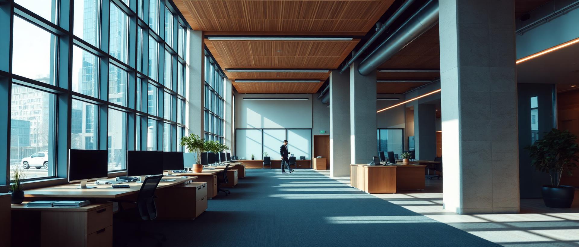 A bright modern workplace atrium at midday with a single figure walking in the distance