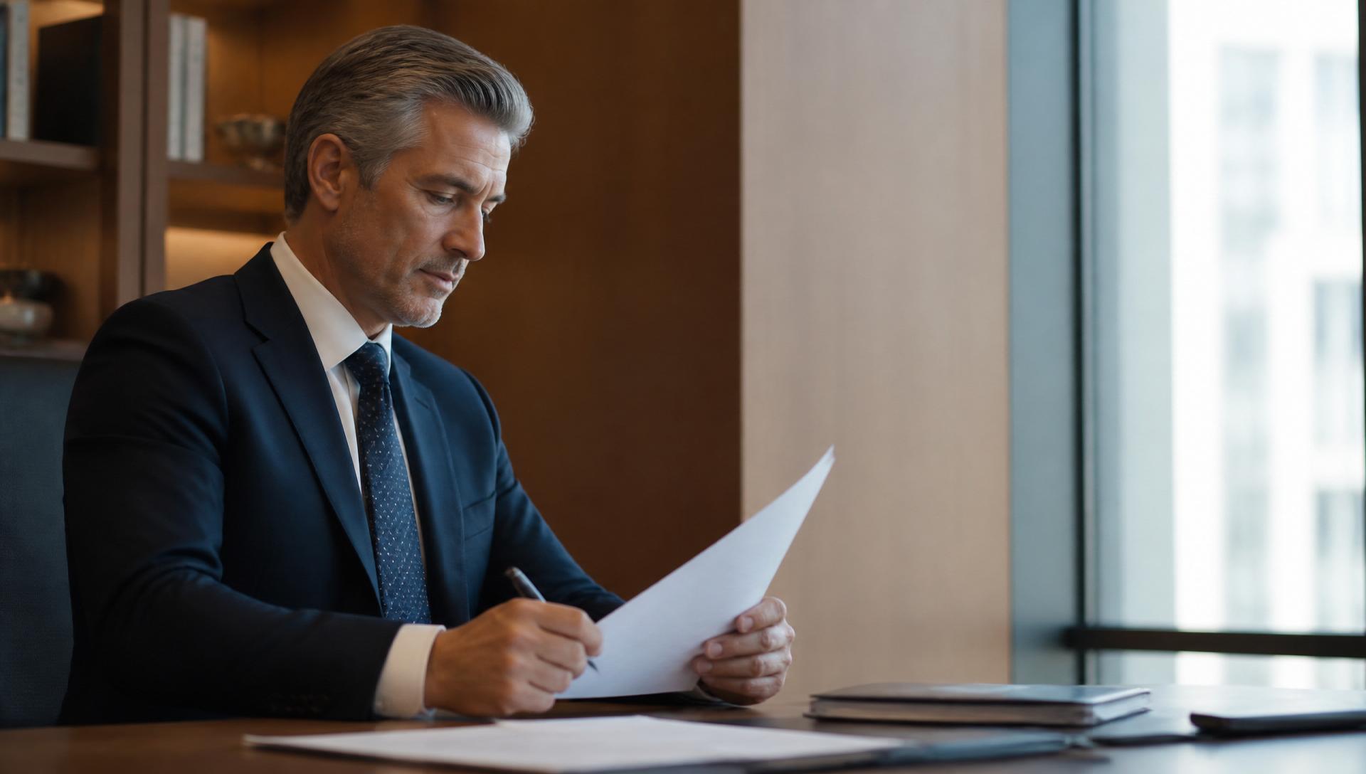 An attorney seated at a warm wooden desk reviewing a document with focused attention