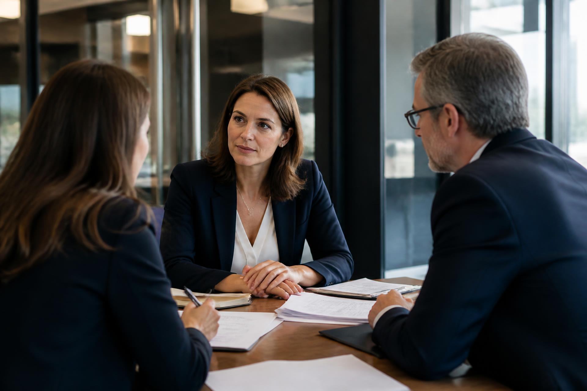 Three legal professionals discussing a matter confidentially in a modern office