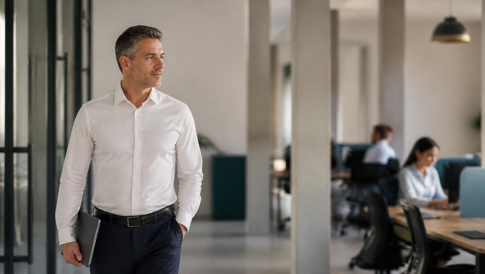 An operations leader walking through a bright modern workplace with colleagues at desks in the background