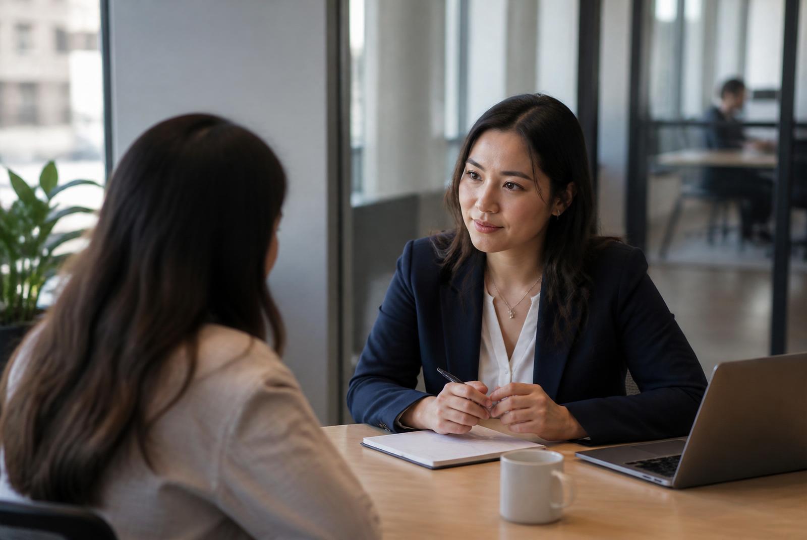An HR professional in a respectful one-on-one conversation with a colleague at a small office table