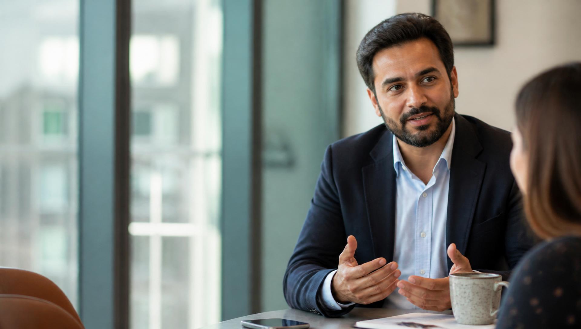 A sales professional in a focused customer conversation across a modern workplace table