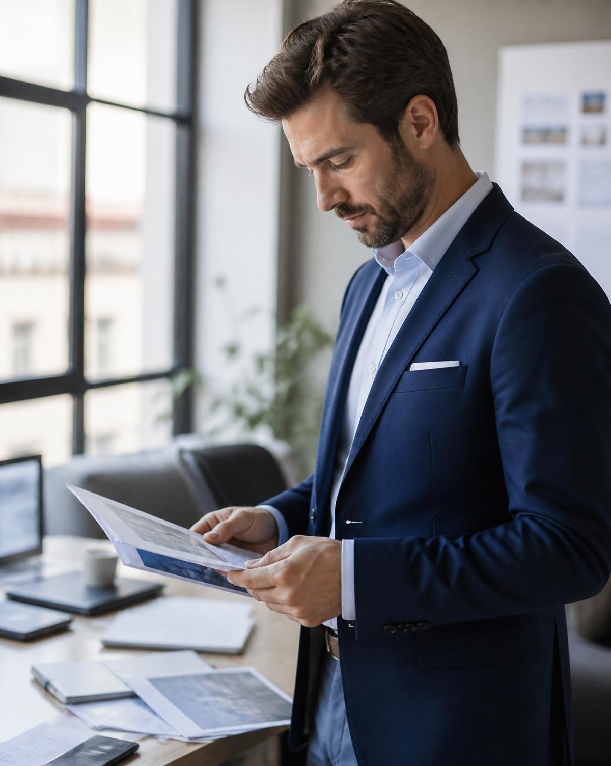 A professional reviewing a printed client presentation in a bright modern office
