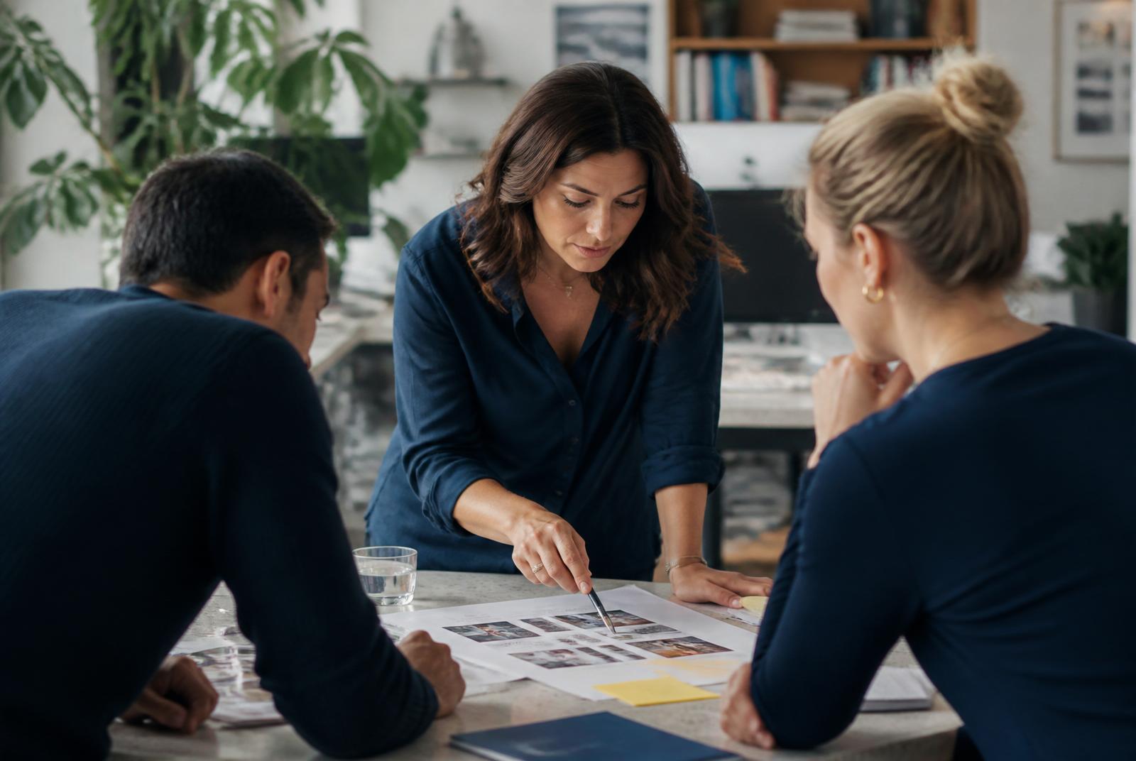 Three marketing colleagues reviewing a printed strategy plan around a bright workspace table